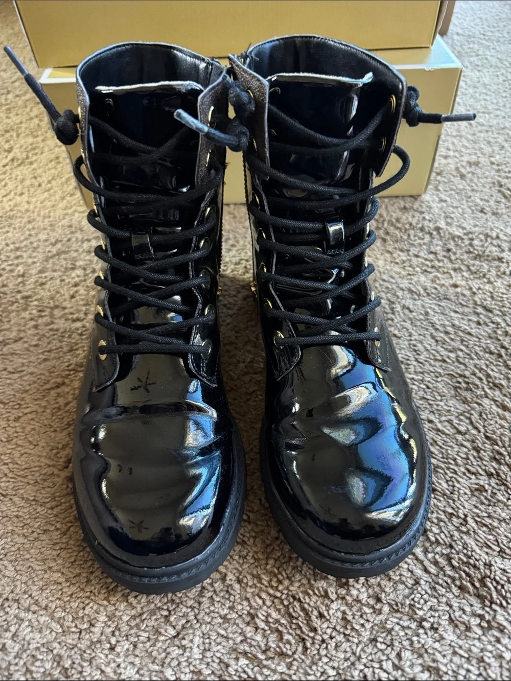 Michael Kors Black Patent Lace-Up Combat Boots with Gold Hardware